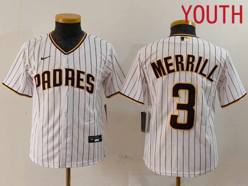 Youth San Diego Padres #3 Merrill White stripe Game 2024 Nike MLB Jersey style 1->youth mlb jersey->Youth Jersey
